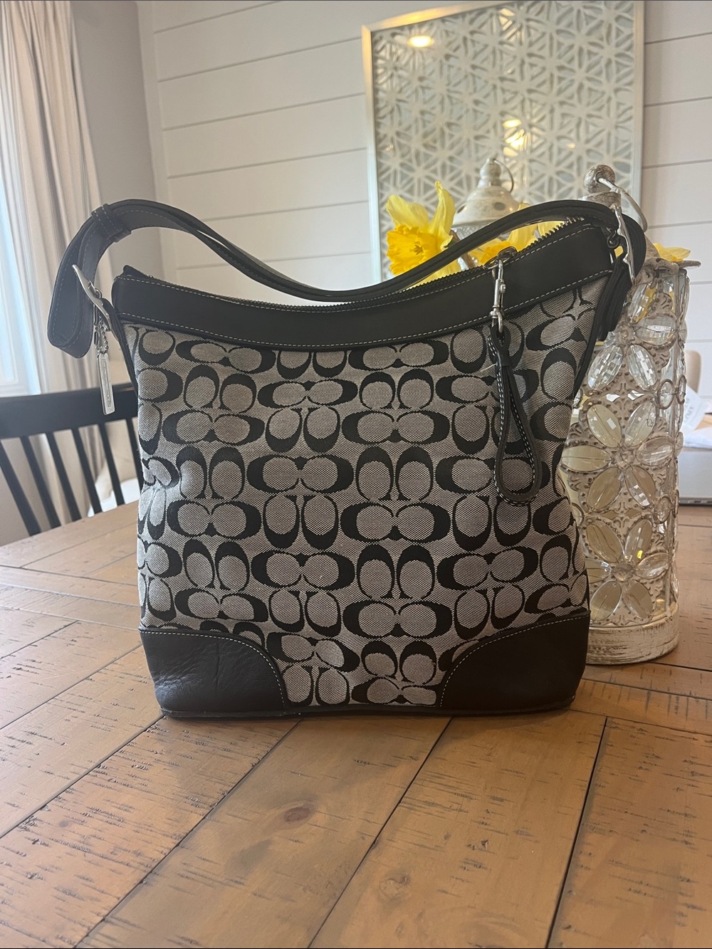 Coach Black and Gray Signature Canvas Shoulder Bag